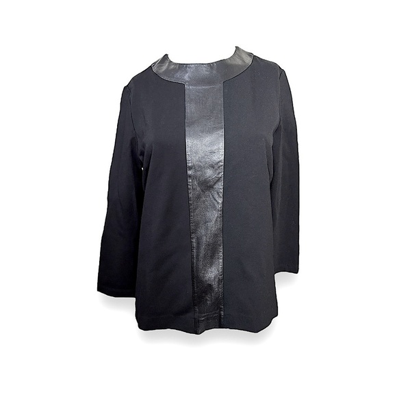 J. McLaughlin Farrow Black Knit Top Lambskin Leather 3/4 Sleeve Womens M - Picture 1 of 4